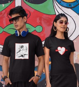 Cupid Hitting Arrow, Printed (Black) T-Shirts For Couples