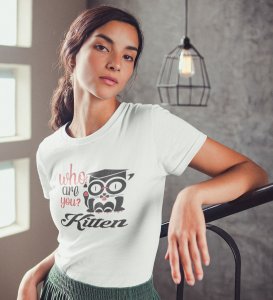 The Kitten White Round Neck Cotton Half Sleeved Women's T-Shirt with Printed Graphics