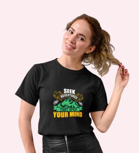 HopOfferSeek Adventure (Green)  Black Round Neck Cotton Half Sleeved Women's T-Shirt with Printed Graphics