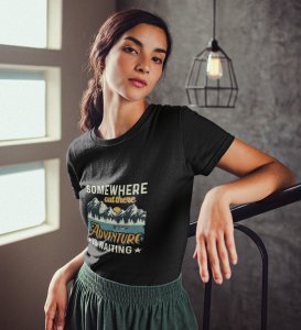 HopOfferSomewhere Out There Black Round Neck Cotton Half Sleeved Women's T-Shirt with Printed Graphics