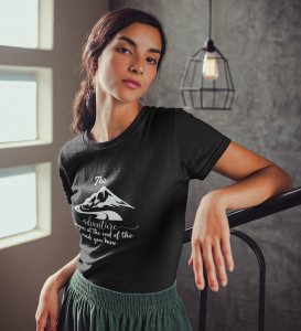 HopOfferEnd Of The Roads Black Round Neck Cotton Half Sleeved Women's T-Shirt with Printed Graphics