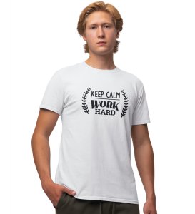 Work Hard White Round Neck Cotton Half Sleeved Men's T-Shirt with Printed Graphics