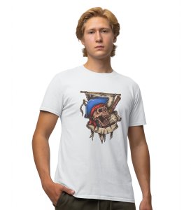 Pirate's Skull White Round Neck Cotton Half Sleeved Men's T-Shirt with Printed Graphics
