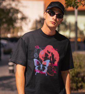 Tangled Souls Round Neck Half Sleeves Black Printed Graphic T Shirt