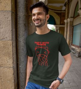 Party With Friends Green Round Neck Cotton Half Sleeved Men T Shirt with Printed Graphics
