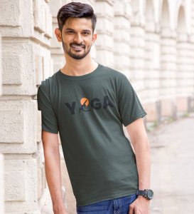 Yoga : The Strongest Path Green Round Neck Cotton Half Sleeved Men T-Shirt with Printed Graphics