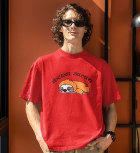 Boredom Red Round Neck Cotton Half Sleeved Men T Shirt with Printed Graphics