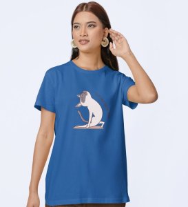 Keep Calm And Do Yoga Blue Round Neck Cotton Half Sleeved Women T-Shirt with Printed Graphics