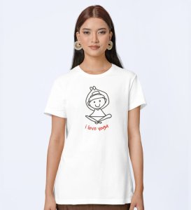 Love For Yoga White Round Neck Cotton Half Sleeved Women T-Shirt with Printed Graphics