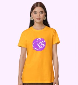 Om! Yellow Round Neck Cotton Half Sleeved Women T-Shirt with Printed Graphics