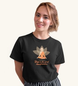Self Transformation Black Round Neck Cotton Half Sleeved WomenT-Shirt with Printed Graphics