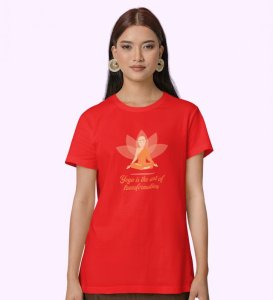 Self Transformation Red Round Neck Cotton Half Sleeved Women T-Shirt with Printed Graphics