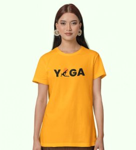 Yoga : The Strongest Path Yellow Round Neck Cotton Half Sleeved Women T-Shirt with Printed Graphics