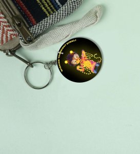 Adorable Character Glowing with Diwali Lights Design Printed Round Keychain Pack of 2